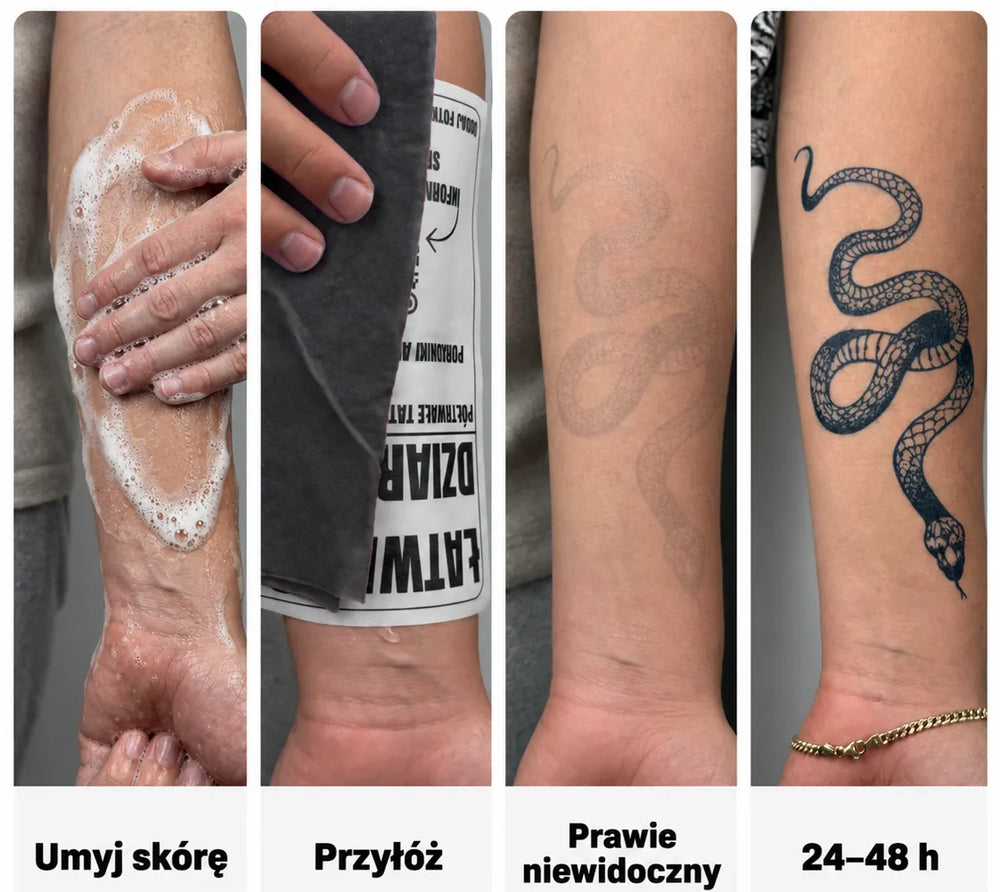 Instruction originale Easy Tattoo avec du papier marqué du logo de la marque et une étape où le motif est presque invisible